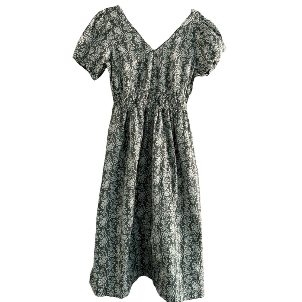 J.Crew Green Floral Print Ruched Waist, V Neck Midi Dress With Pockets Size 6